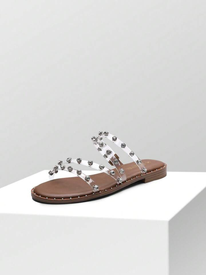 Women's Slide Sandals Slip On Open Toe Clear Studded Rhinestone Slide Sandals Cute Flat Sandals S... | SHEIN