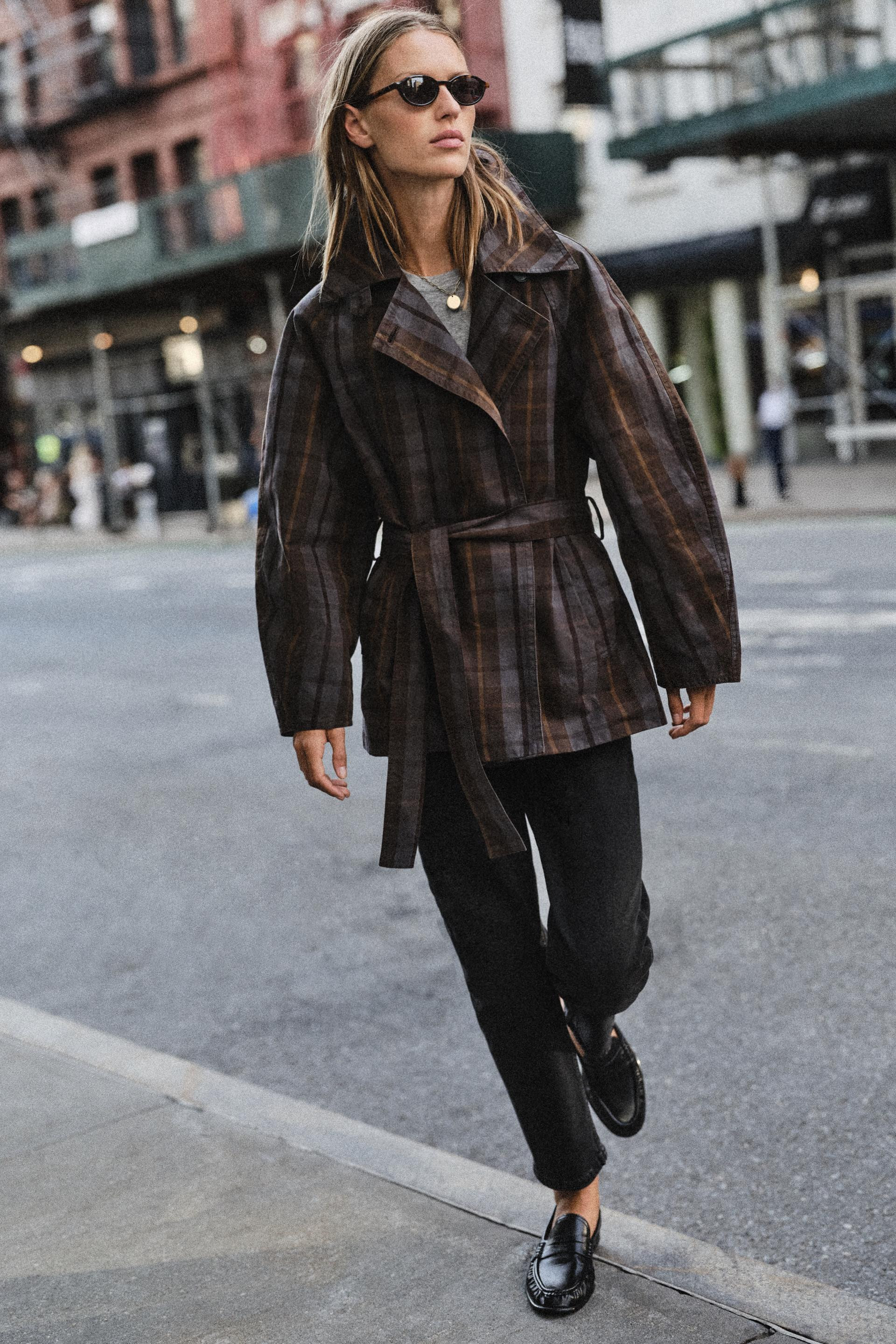 Zara - Plaid Belted Trench Coat - Brown-Blue - Xs - Woman | Zara US