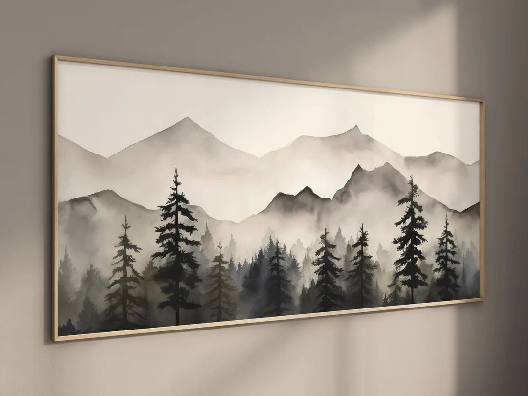 Lakelzdecor Mountain Forest Wall Decor, Wide Horizontal Landscape Print, Watercolor Wall Art, Lar... | Etsy (US)