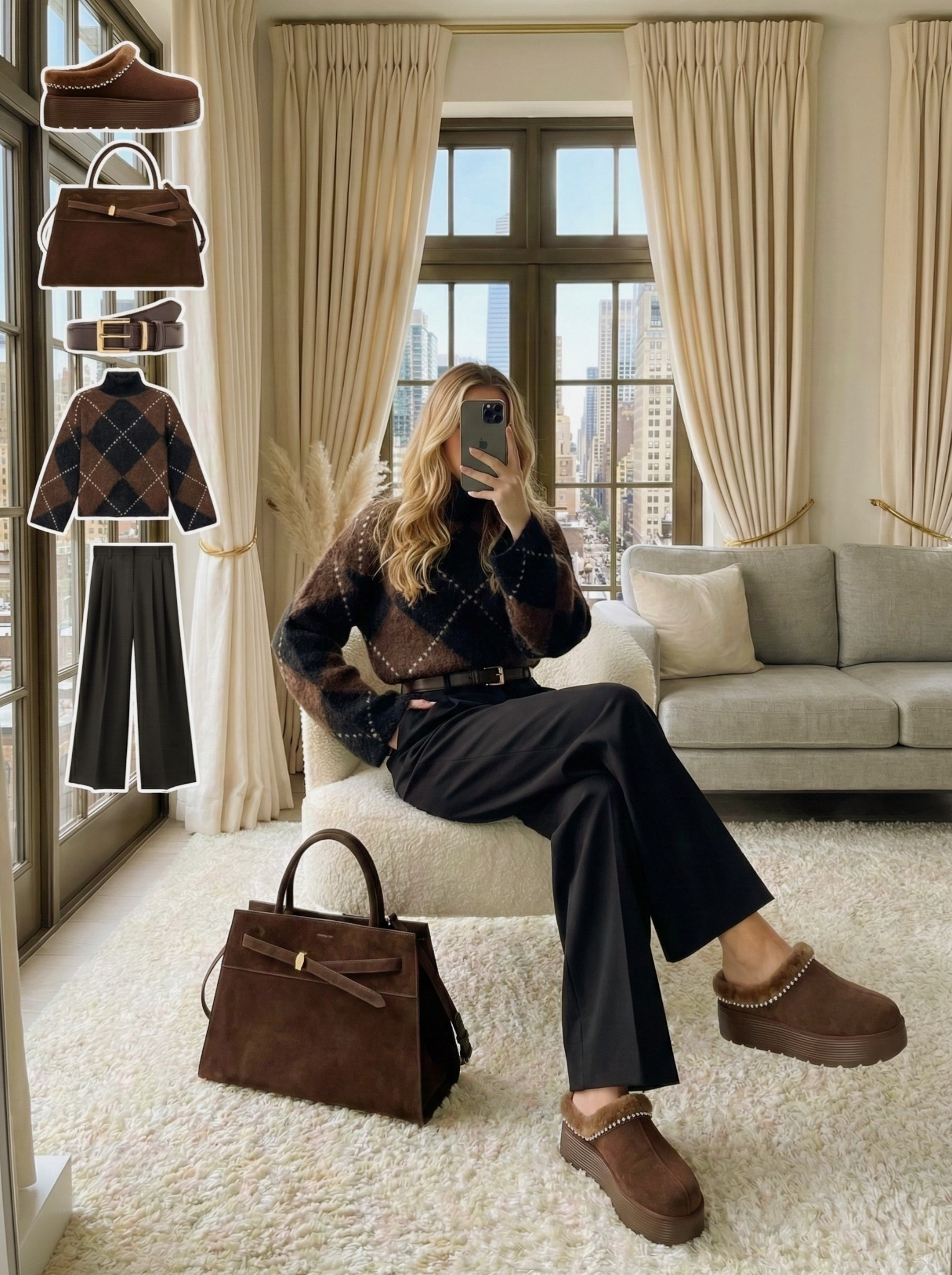 Brown argyle sweater and platform slippers outfit 🤎🖤

The ultimate cozy winter look that balances comfort and style. Pairing a classic brown and black argyle sweater with tailored black trousers keeps it polished, while the trending platform shearling slippers add a cool, laid-back vibe.

Style Details:
• Brown and black argyle mock-neck sweater
• Black wide-leg tailored trousers
• Brown platform suede slippers (Shearling lined)
• Brown suede tote bag
• Brown leather belt

Recreate this comfortable winter style with the similar links below!

Are you brave enough to wear slippers out of the house? Yes or No? 👇

#LTKcasual #LTKshoecrush #LTKSeasonal

#LTKHoliday #LTKgrwm #LTKootd