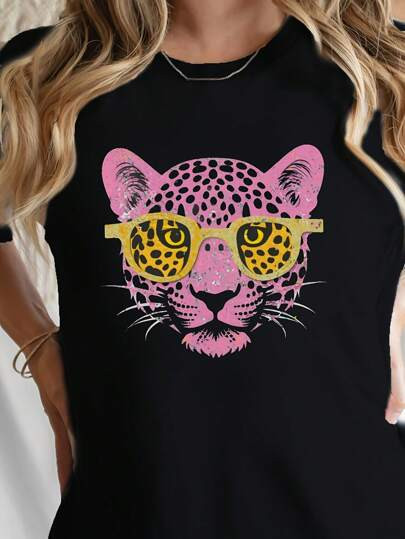 Pink Leopard Print Crew Neck T-Shirt, Casual Short Sleeve T-Shirt For Spring & Summer, Women's Cl... | SHEIN