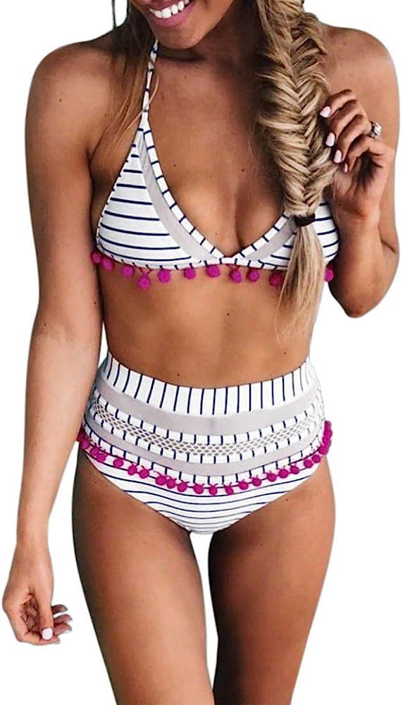 Women's High Waist Two Pieces Bikini Set Padded Stripe Tassel Swimsuit | Amazon (US)