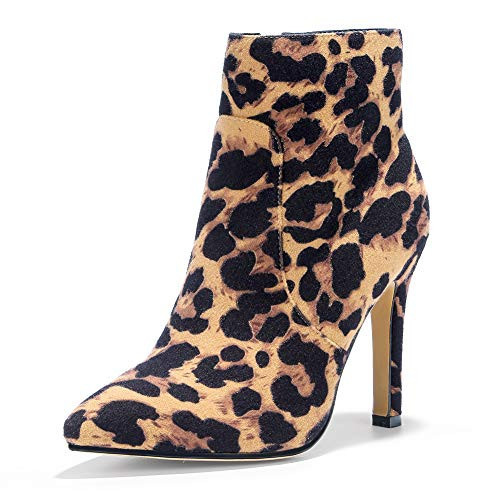 IDIFU Leopard Ankle Boots for Women High Heel Pointed Toe Boots Side Zipper Stiletto Booties (Leopard Suede, 10 M US) | Amazon (US)