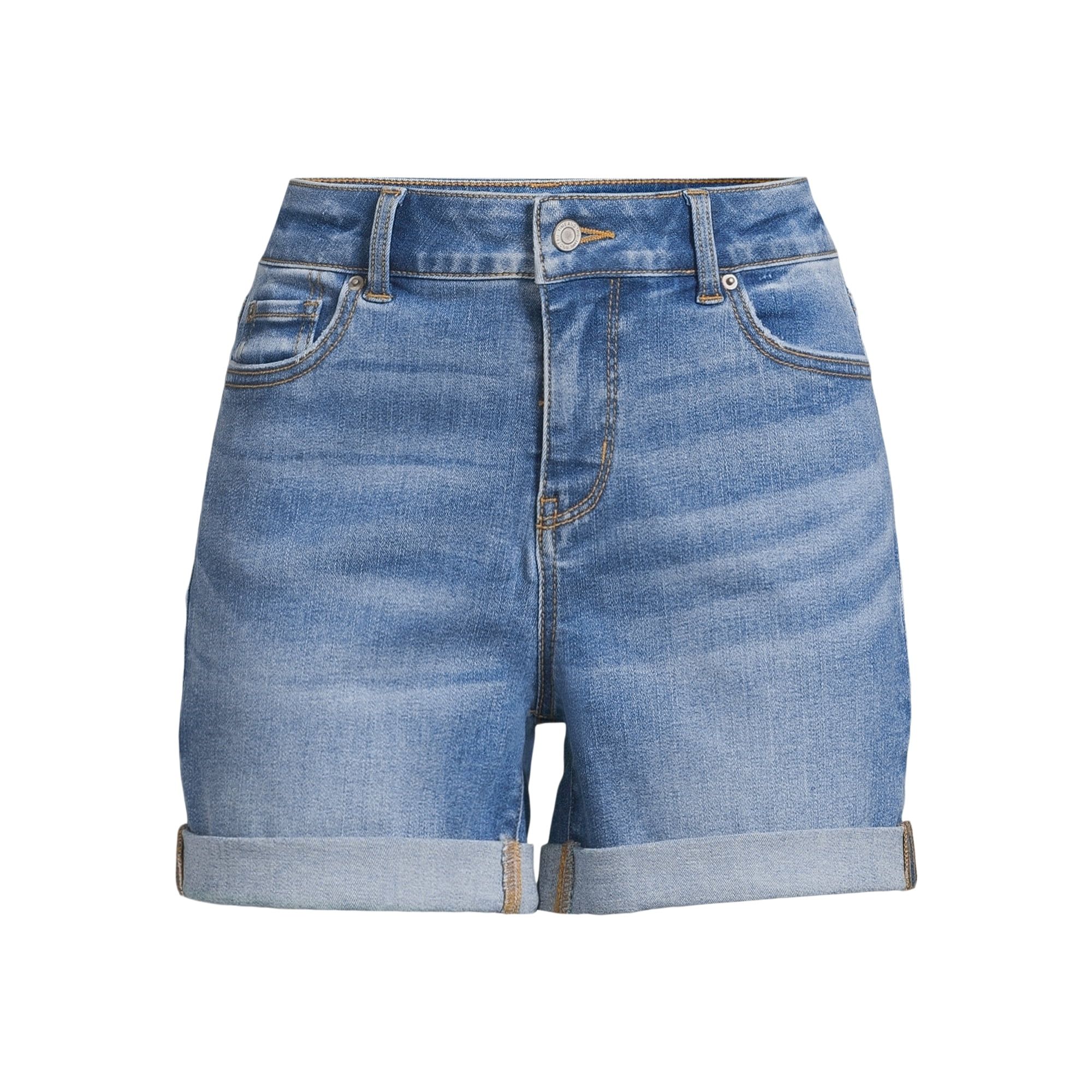 Time and Tru Women's Mid-Rise Double Roll Denim Shorts, 4" Inseam, Sizes 2-20 - Walmart.com | Walmart (US)