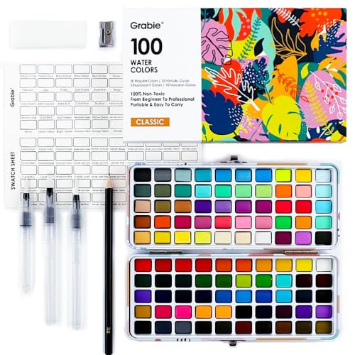 Grabie 100 Colors Watercolor Paint Set，Pack of 50 Regular, 35 Metallic, 10 Macaron and 5 Fluorescent Colors， Portable Metal Case, Water Brush Pens, and Accessories， For Beginners and Professionals | Amazon (US)