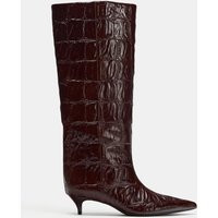 Zara - Leather Animal Print Boots - Burgundy Red - 7½ - Woman | Zara US