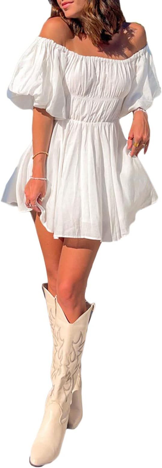 Zempertoopa Women 's Off Shoulder Mini Dress Short Puff Sleeve Flowy Dress Ruffle White Pirate Dr... | Amazon (US)
