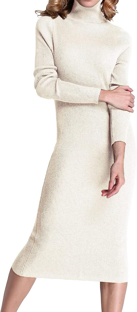 Rocorose Women's Turtleneck Ribbed Elbow Long Sleeve Knit Sweater Dress | Amazon (US)