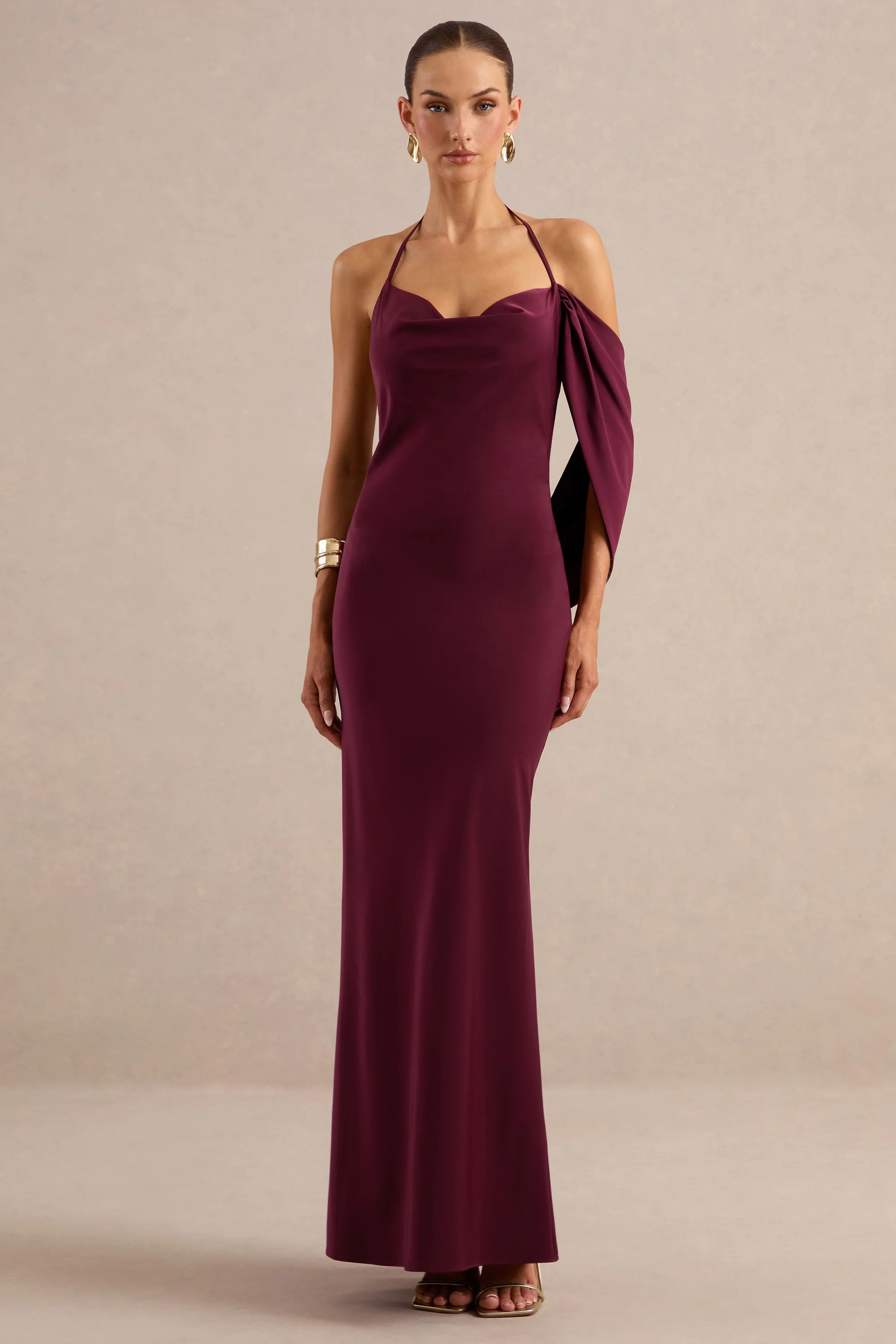 Karisa | Burgundy Satin Cowl-Neck Maxi Dress With Draped Detail | Club L London