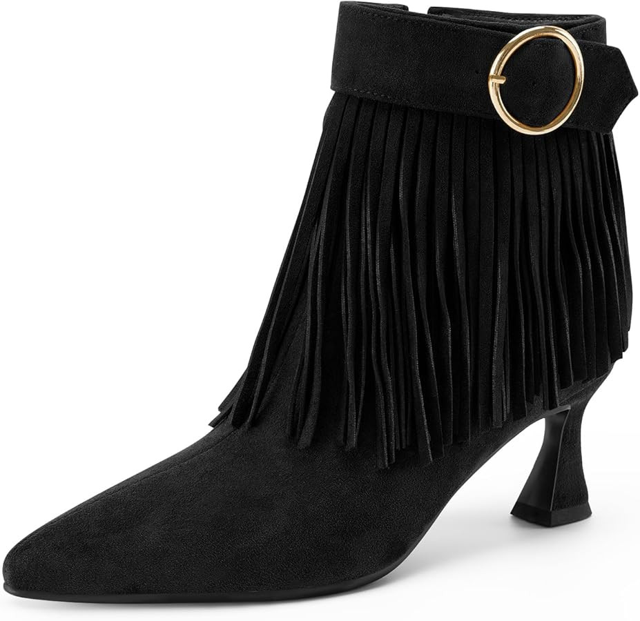 Perisis Women's Fringe Boots Kitten Heel Booties Black Pointed Toe Suede Ankle Short Boot with Si... | Amazon (US)