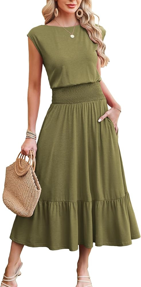 Kikibell Womens Summer Dresses Cap Sleeve Elastic Waist Midi Dress with Pocket Long Causal Sundre... | Amazon (US)