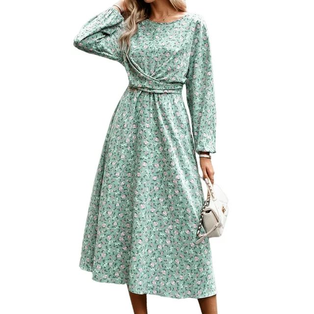 Hanerdun Women Floral Belted Dresses Female Long Sleeve A-Line Party Dress Casual Midi Dress Gree... | Walmart (US)