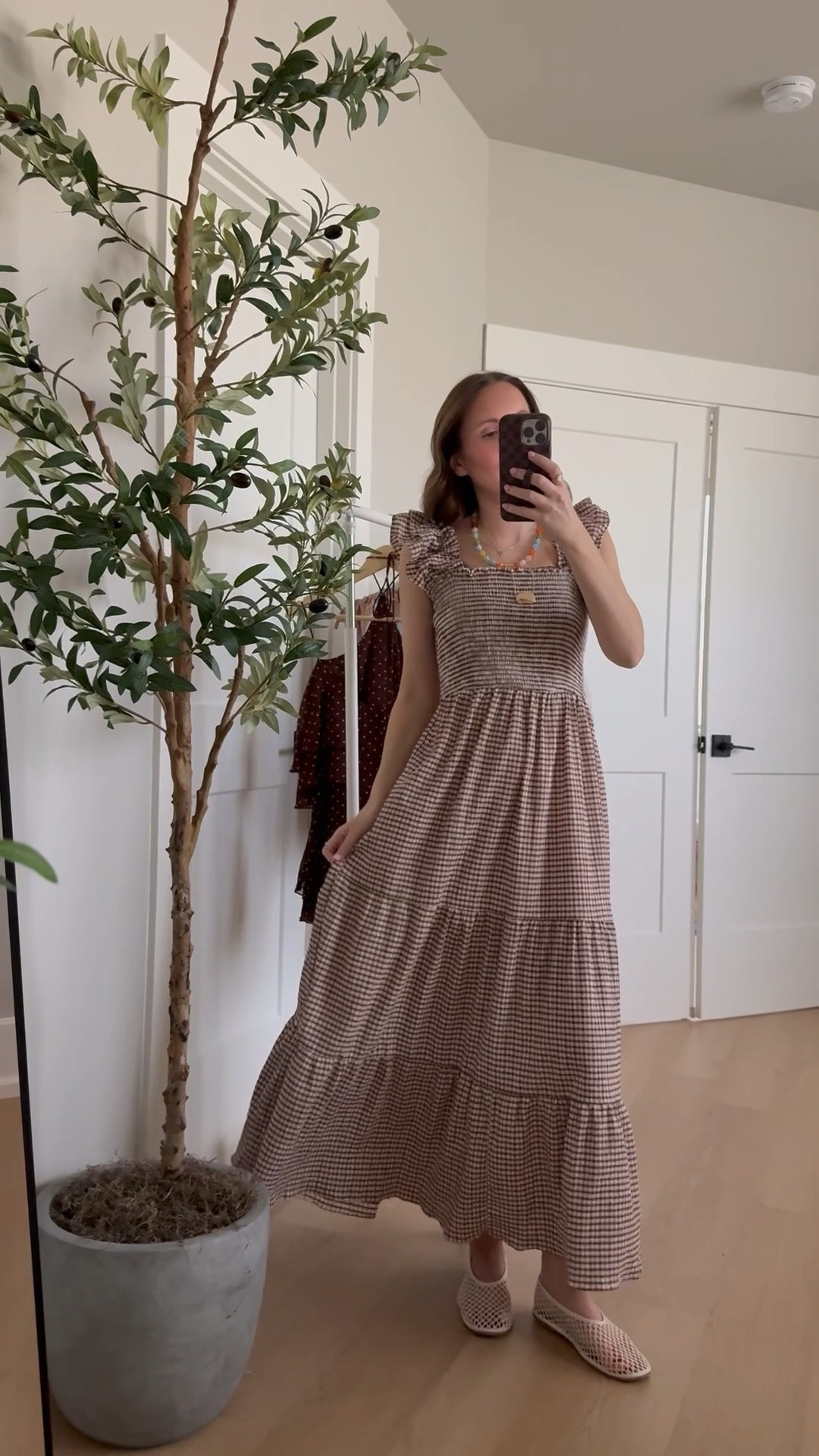 Teacher outfit idea🍎 this dress is comfortable AND cute! 

Brown gingham, midi dress, ruffle sleeve, teacher outfit, classroom style, teacher style 