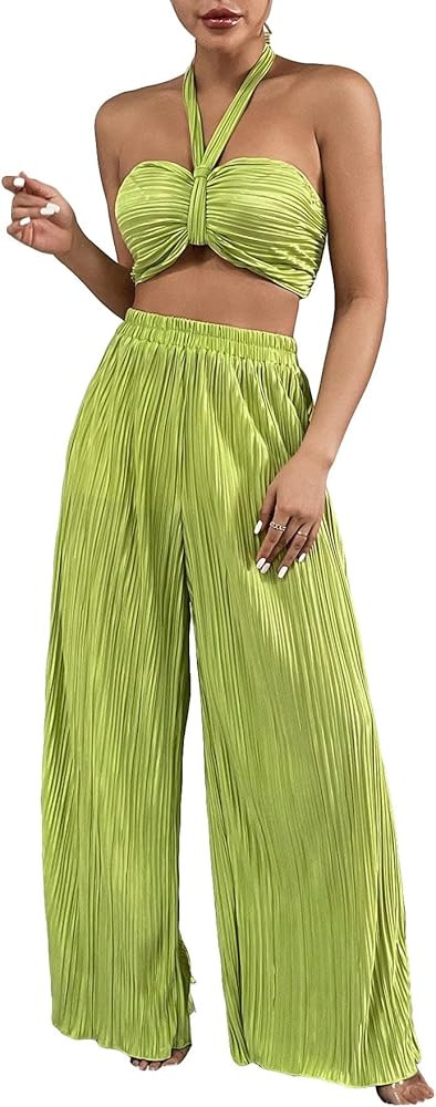 OYOANGLE Women's 2 Piece Outfits Elegant Sleeveless Tie Backless Halter Crop Top and Elastic Wais... | Amazon (US)