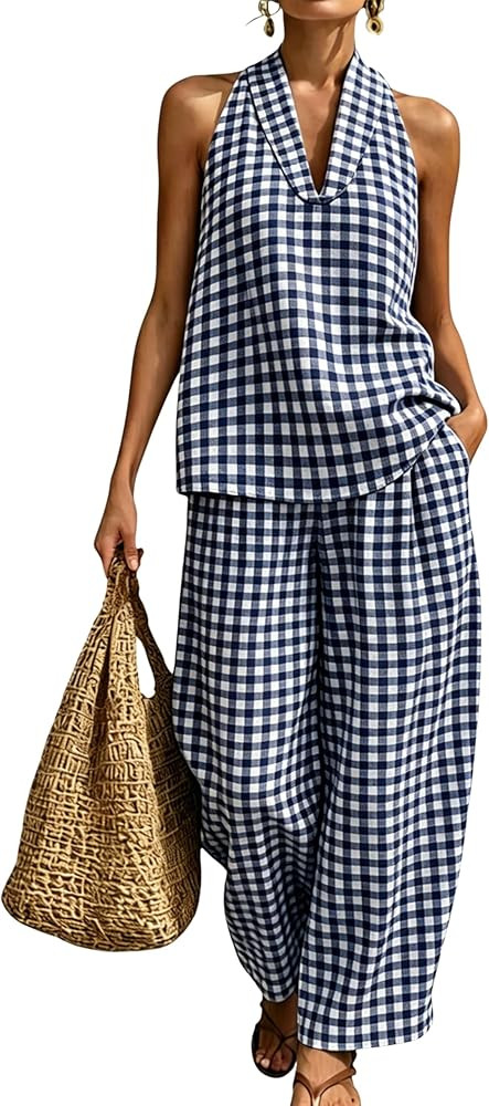 QIBABU Womens Summer Gingham 2 Piece Set Halter Neck Sleeveless Top Pant Sets Casual Cotton Loung... | Amazon (US)