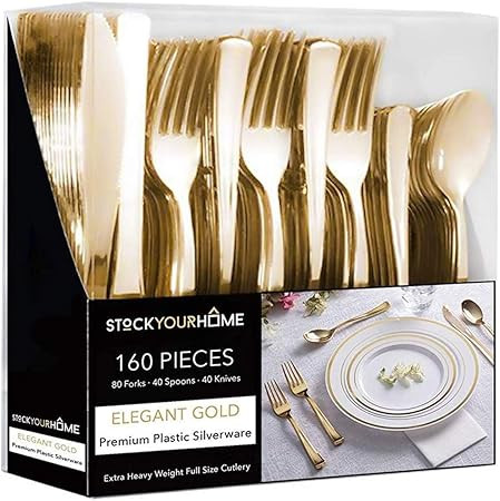 Gold Plastic Silverware Set (160 Bulk Pack) Disposable Cutlery Utensils, 80 Gold Forks, 40 Gold K... | Amazon (US)