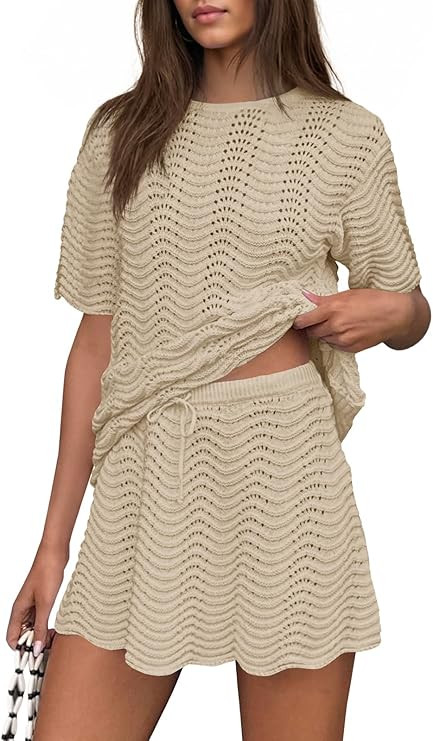 Fisoew Womens Crochet Swimsuit Coverup 2 Piece Skirt Sets Bathing Suit Cover Up Knit Beach Vacati... | Amazon (US)