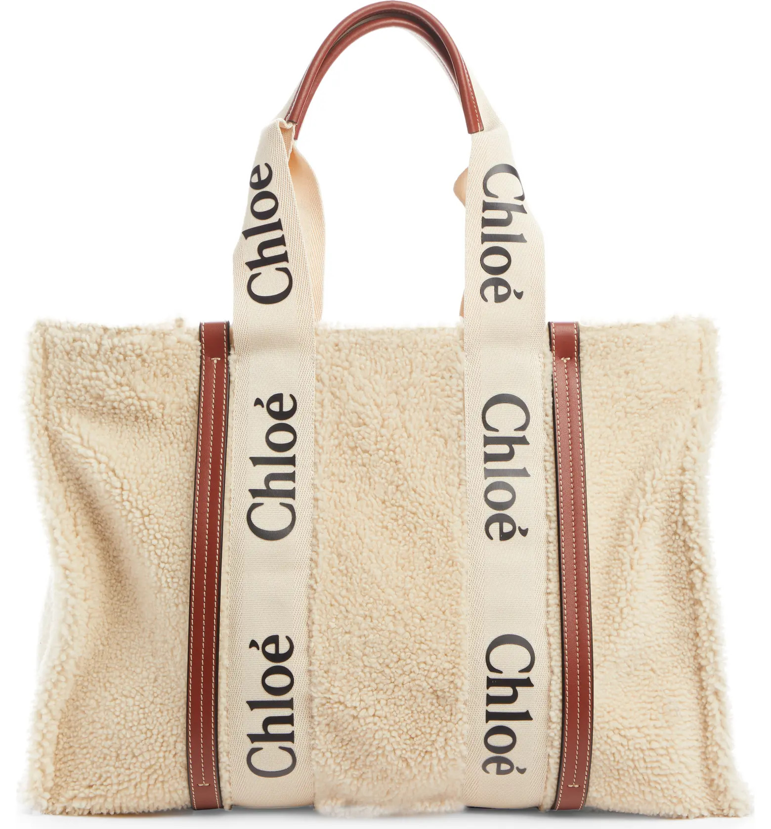 Chloé Large Woody Logo Strap Genuine Shearling Tote | Nordstrom | Nordstrom