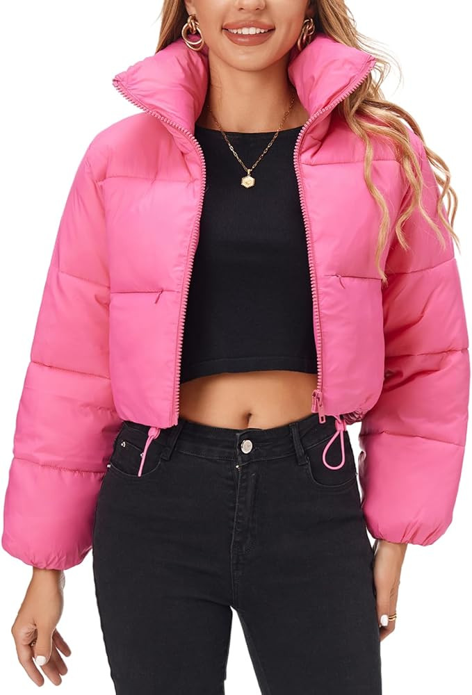 Fuinloth Women's Puffer Jacket, High Stand Collar Zip Pocket Crop Long Sleeve Coat | Amazon (US)