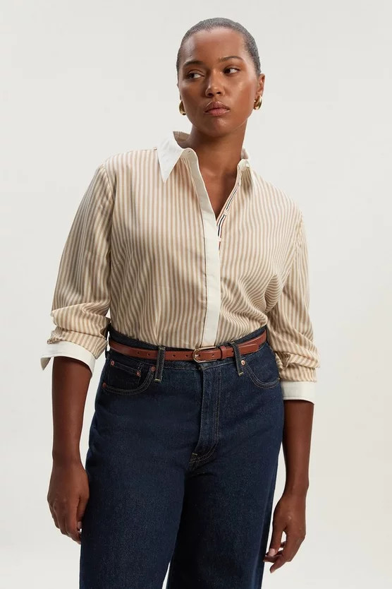 Plus Size Contrast Collar Stripe Woven Shirt | Karen Millen UK + IE + DE + NL