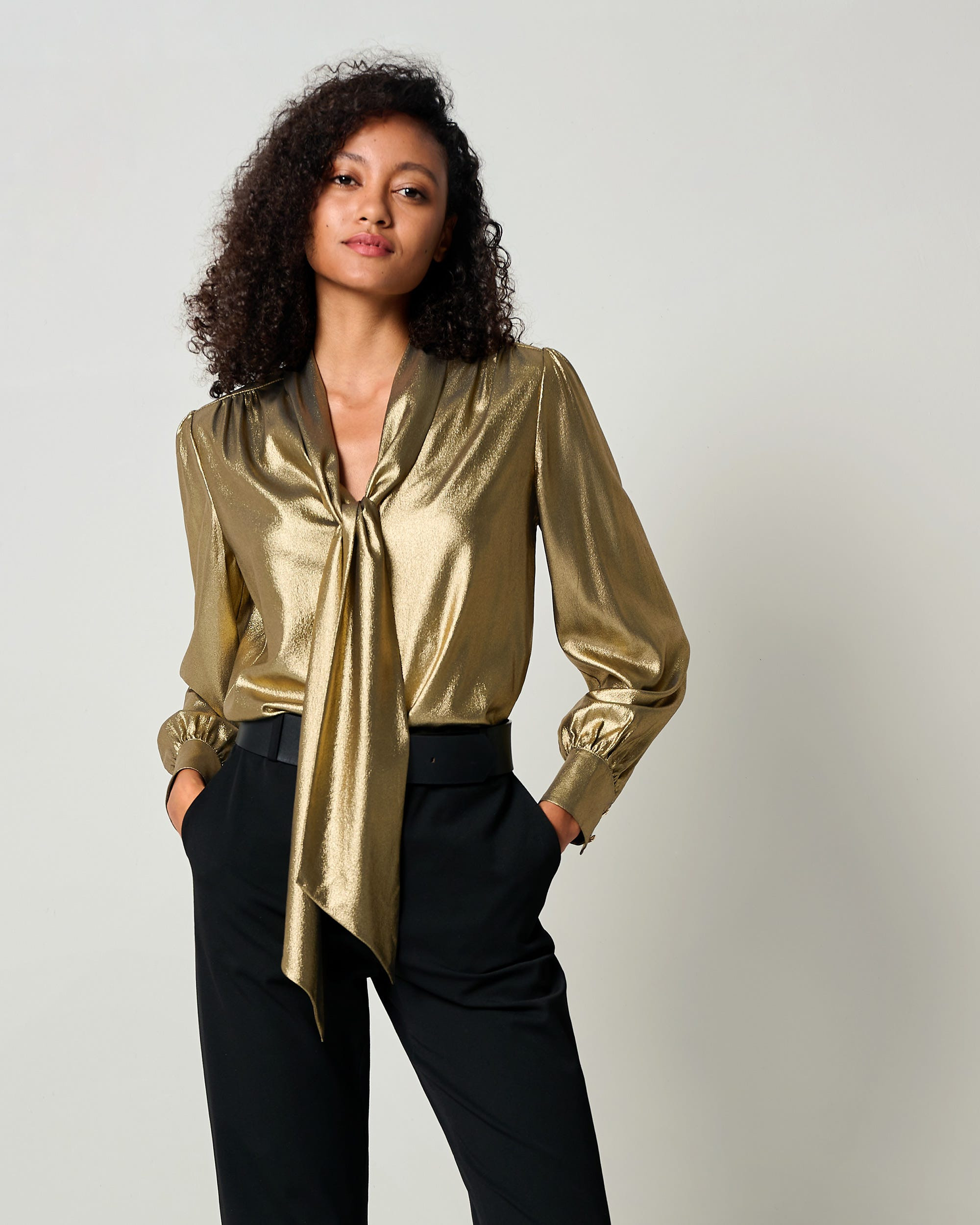 LILYSHEENA® Sophisticated Bow Tie Bronze Silk Blouse | LilySilk