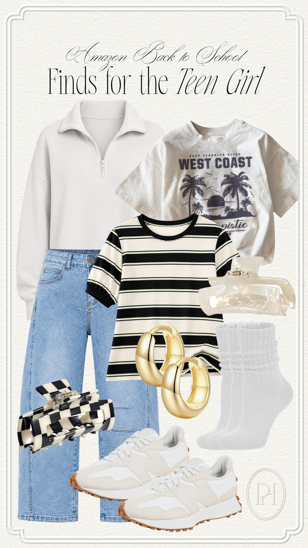 The cutest Amazon finds for the teen girls headed back to school!

school clothes, teen fashion, teen style, barrel jeans, striped tee, graphic tee, t-shirts, quarter-zip pullover, sweatshirt, crew socks, neutral sneakers, New Balance sneakers, tennis shoes, trainers, claw clips, jaw clips, gold hoop earrings, black and white clothes, jeans, back to school clothes 

 #LTKmomlife #LTKSeasonal #LTKKids