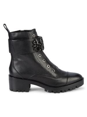 Karl Lagerfeld Paris Pippa Jeweled Strap Pebbled-Leather Lug Boots on SALE | Saks OFF 5TH | Saks Fifth Avenue OFF 5TH
