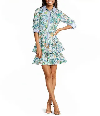 Floral Poplin Stripe Trim Point Collar Elbow Puff Sleeve Button Front Pleated Tiered Dress | Dillard's