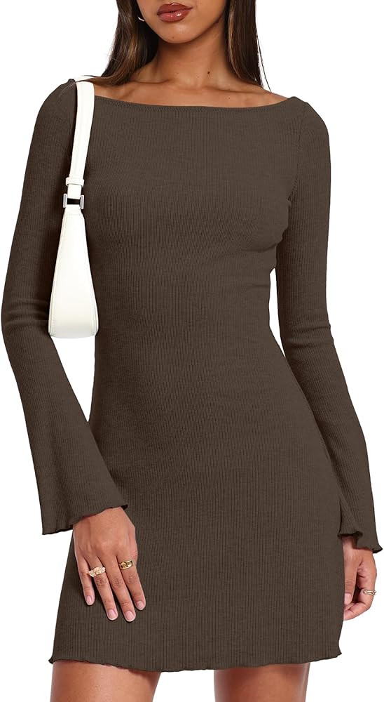 Darong Women's Long Sleeve Boat Neck Mini Dress Ribbed Knit Casual Bodycon A-Line Short Dresses F... | Amazon (US)