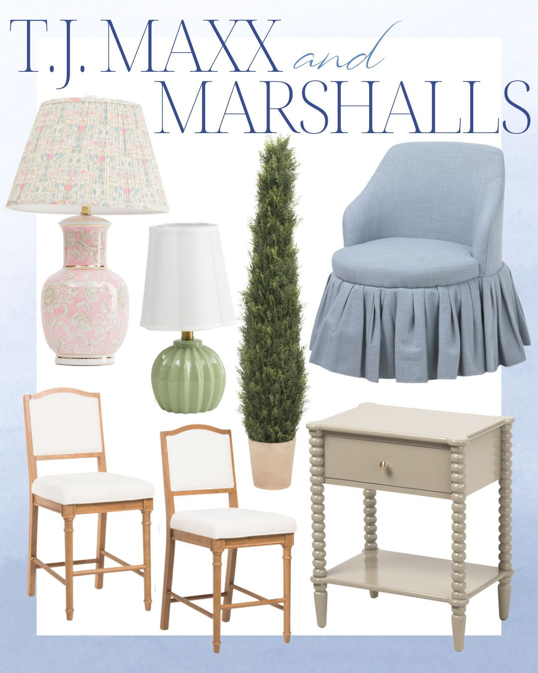 classic blue accents and chinoiserie-style lamps to skirted chairs, greenery, and timeless accent tables, these finds are perfect for refreshing your space on a budget.

T.J. Maxx home decor, Marshalls home finds, affordable furniture, blue and white decor, chinoiserie lamp, skirted chair, accent table, budget-friendly home 

 #LTKHome