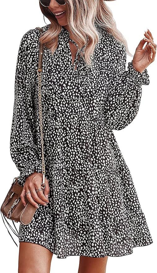 KIRUNDO Women's Long Sleeve Tunic Ruffle Leopard Floral Print Boho Loose Maternity Swing Mini Dre... | Amazon (US)