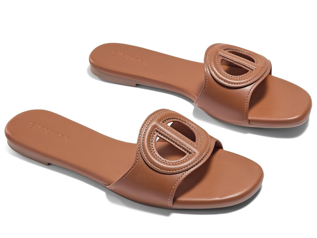 Coutgo Womens Dressy Flat Sandals Open Toe Slip on Leather Summer Beach Slide Sandals | Amazon (US)