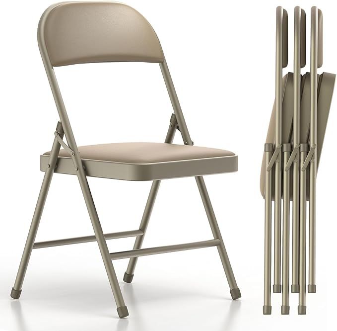 Nazhura 4 Pack Folding Chairs with Padded Cushion and Back, Khaki Metal Chairs with Comfortable C... | Amazon (US)