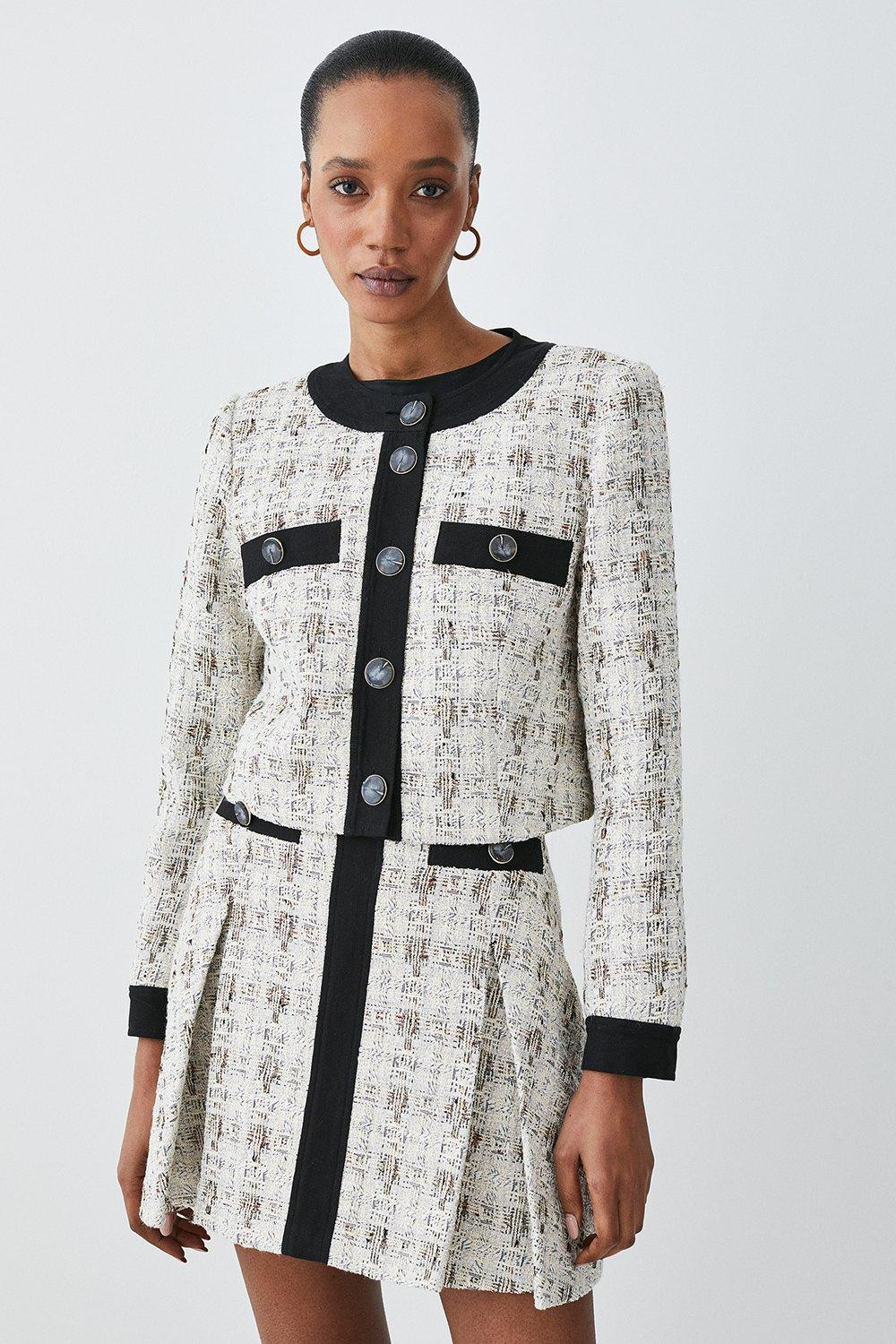 Tweed Button Front Trophy Jacket | Karen Millen UK + IE + DE + NL