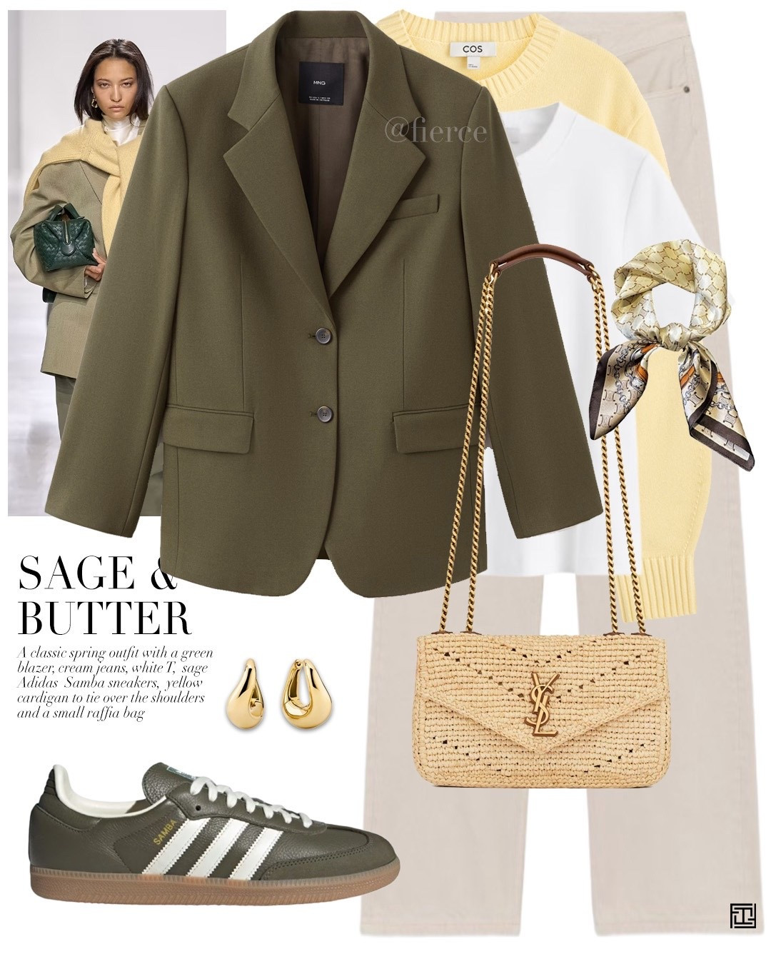 Khaki olive sage green blazer cream jeans khaki green adidas samba yellow jumper white tshirt silk scarf YSL raffia bag casual comfy-chic outfit 

#LTKeurope #LTKspring #LTKuk