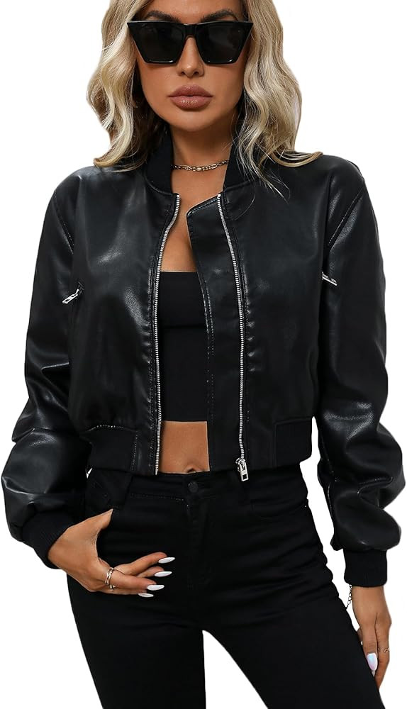 LY VAREY LIN Womens Faux Leather Varsity Jacket Biker Baseball Streetwear Casual Coat | Amazon (US)