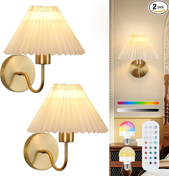 ADISUN Wall Sconces Sets of 2 RGB Battery Operated Wall Sconces for Bedroom Dresser Classic Golde... | Amazon (US)