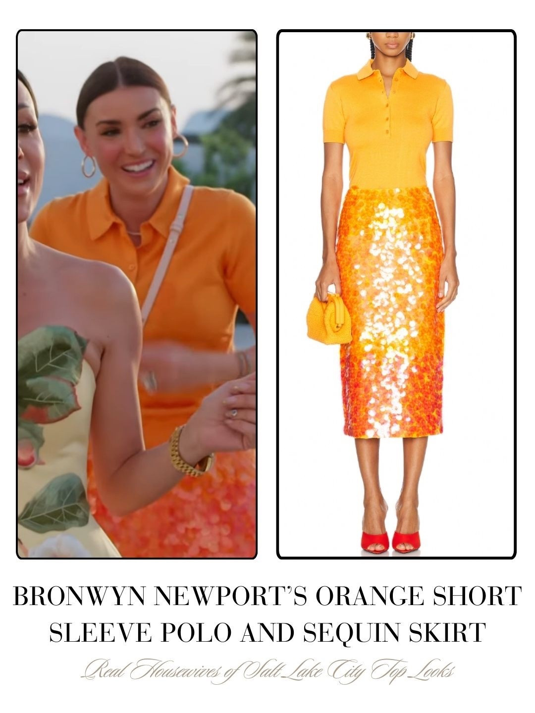 Bronwyn Newport’s Orange Short Sleeve Polo and Sequin Skirt 