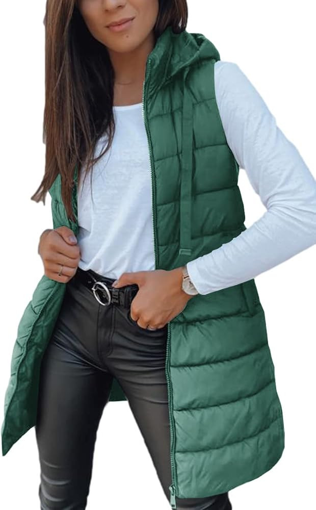Veatzaer Women Long Vest Solid Color Sleeveless Hood Winter Puffer Vest Outwear at Amazon Women's... | Amazon (US)
