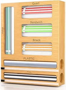 6 in 1 Bamboo Ziplock Bag Storage Organizer and Wrap Dispenser with Cutter, Kitchen Baggie Organi... | Amazon (CA)