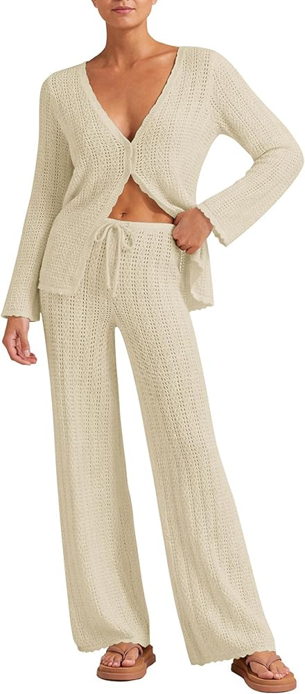 Womens Beach Cover Up Sets 2 Piece Crochet Long Sleeve Button Cardigan Top and Pants Vacation Res... | Amazon (US)