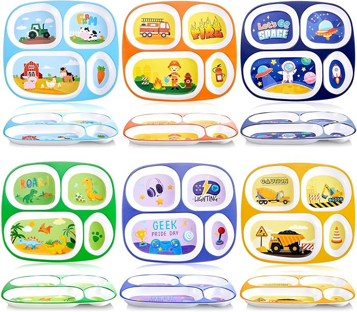Hushee 6 Pcs 9.4 x 8.2 Inch Kids Plate for Dinner, Cute Toddler Divided Plates for Boys Girls, Plastic Funny Serving Dishes with Construction Dinosaur Firefighter Farm Astronaut Animal | Amazon (US)