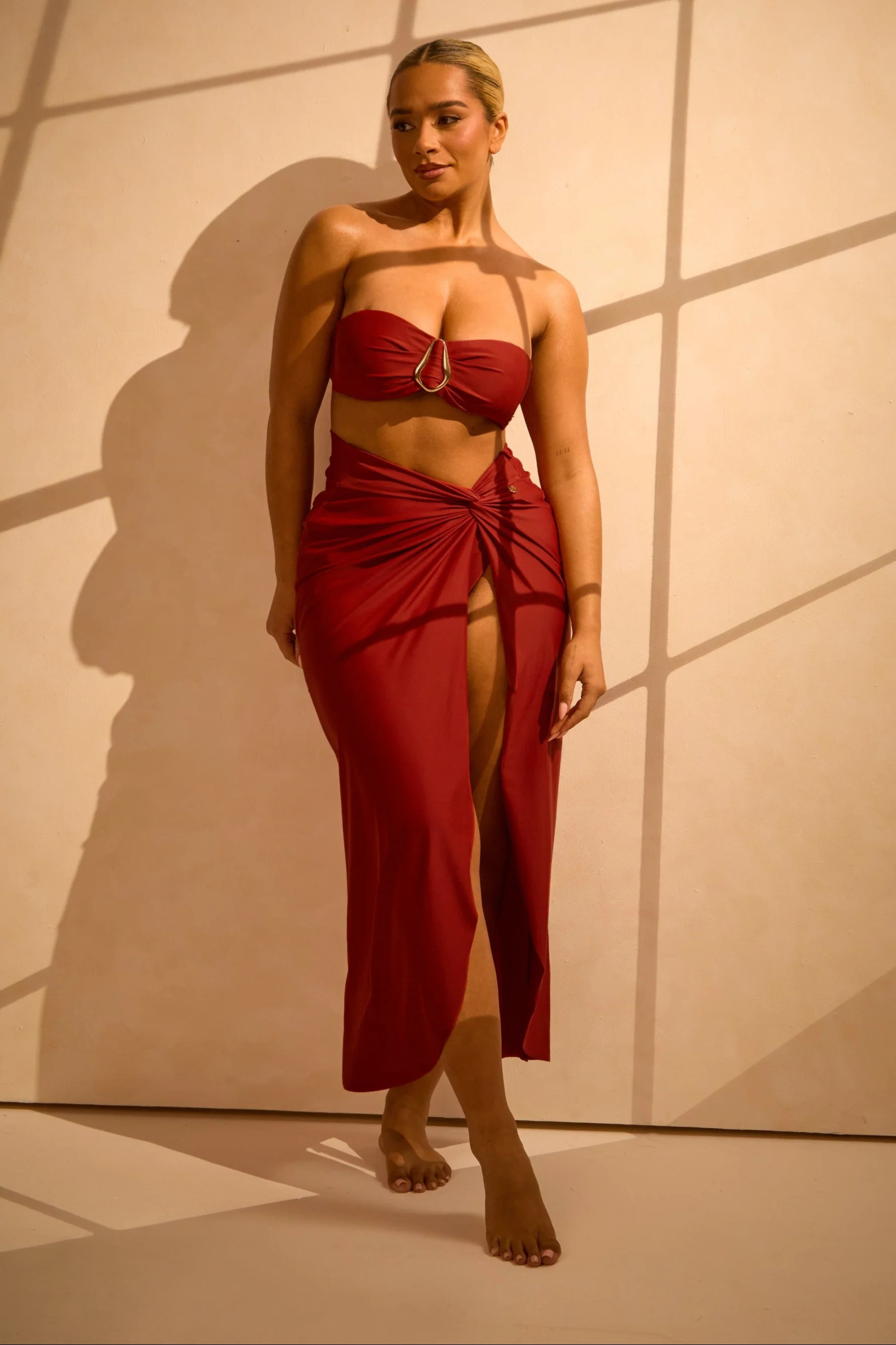 Long Shaping Swim Skirt with Knot-front and Split-leg - Rust | RELR