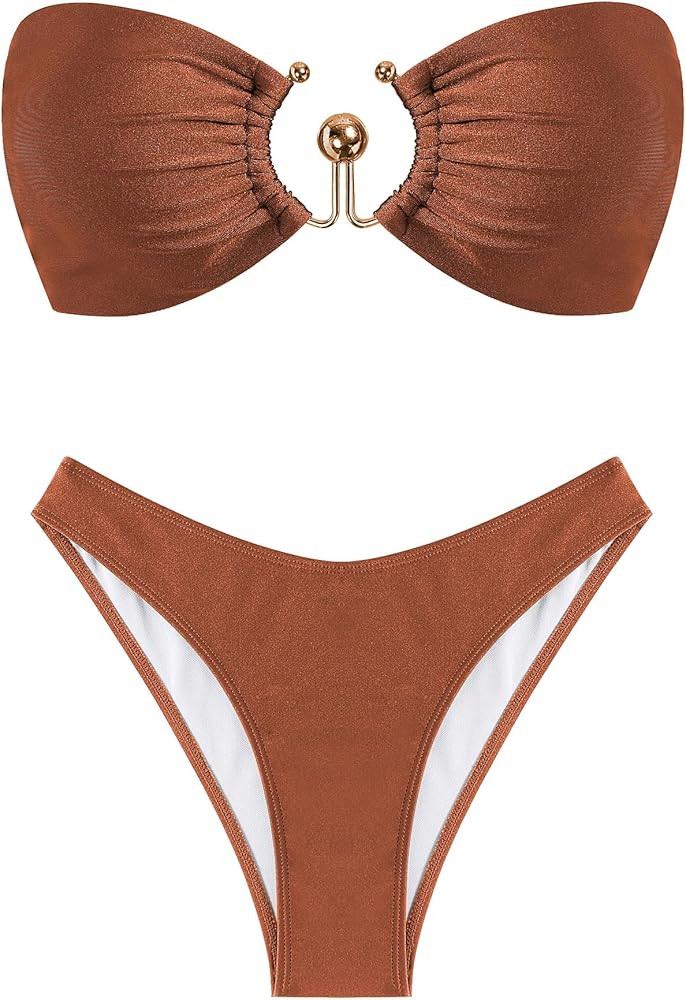 ZAFUL Womens Bandeau Bikini Set Metallic Sparkly O Ring Lace Up Tie Side High Cut Tanga Sexy Bath... | Amazon (US)