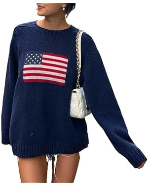 Women Vintage Loose Casual Sweater Long Sleeve Crew Neck USA Flag Print Knit Pullover Knitwear Fa... | Amazon (US)