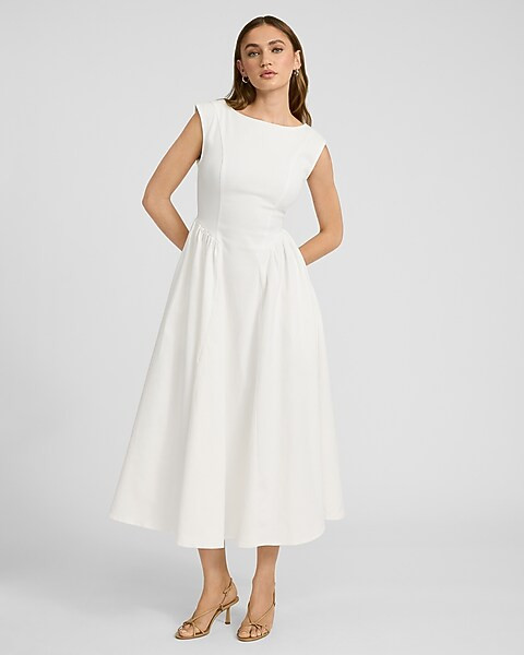 Cap Sleeve Drop Waist Midi Fit And Flare Denim Dress | Express