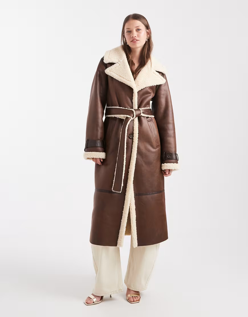 Miss Selfridge suedette borg belted wrap coat in chocolate-Brown | ASOS (Global)