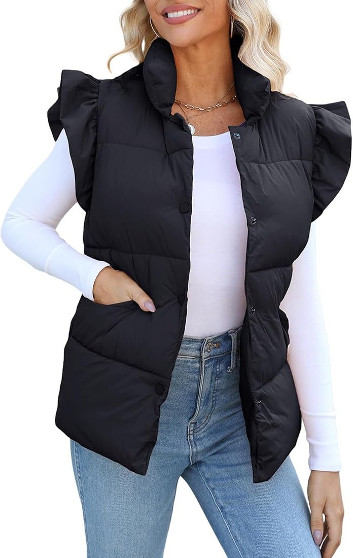Kedera Women's Ruffle Sleeve Puffy Puffer Vests Winter Button Down Padded Gilet with Pocket | Amazon (US)