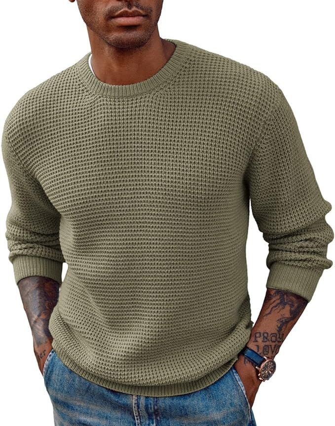 PJ PAUL JONES Mens Crewneck Pullover Sweater Waffle Textured Long Sleeve Knitted Sweaters | Amazon (US)