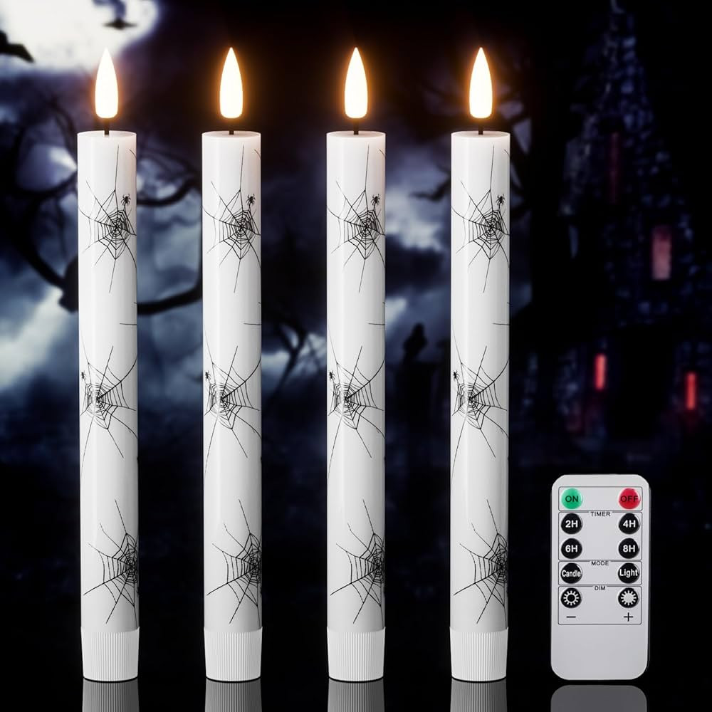 Halloween Flameless Taper Candles with Remote Timer, 4 Pack LED Flickering Candlestick, 9.65 Inch... | Amazon (US)